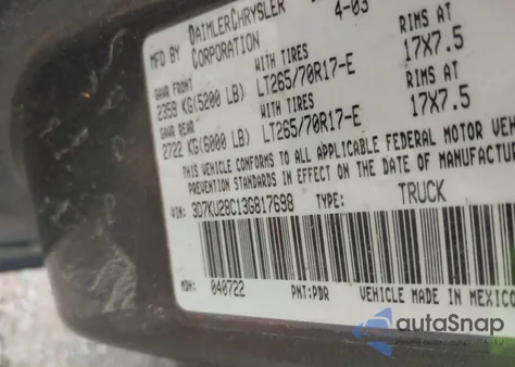 2003 Dodge Ram 2500 из США, поврежденный, VIN 3D7KU28C13G817698